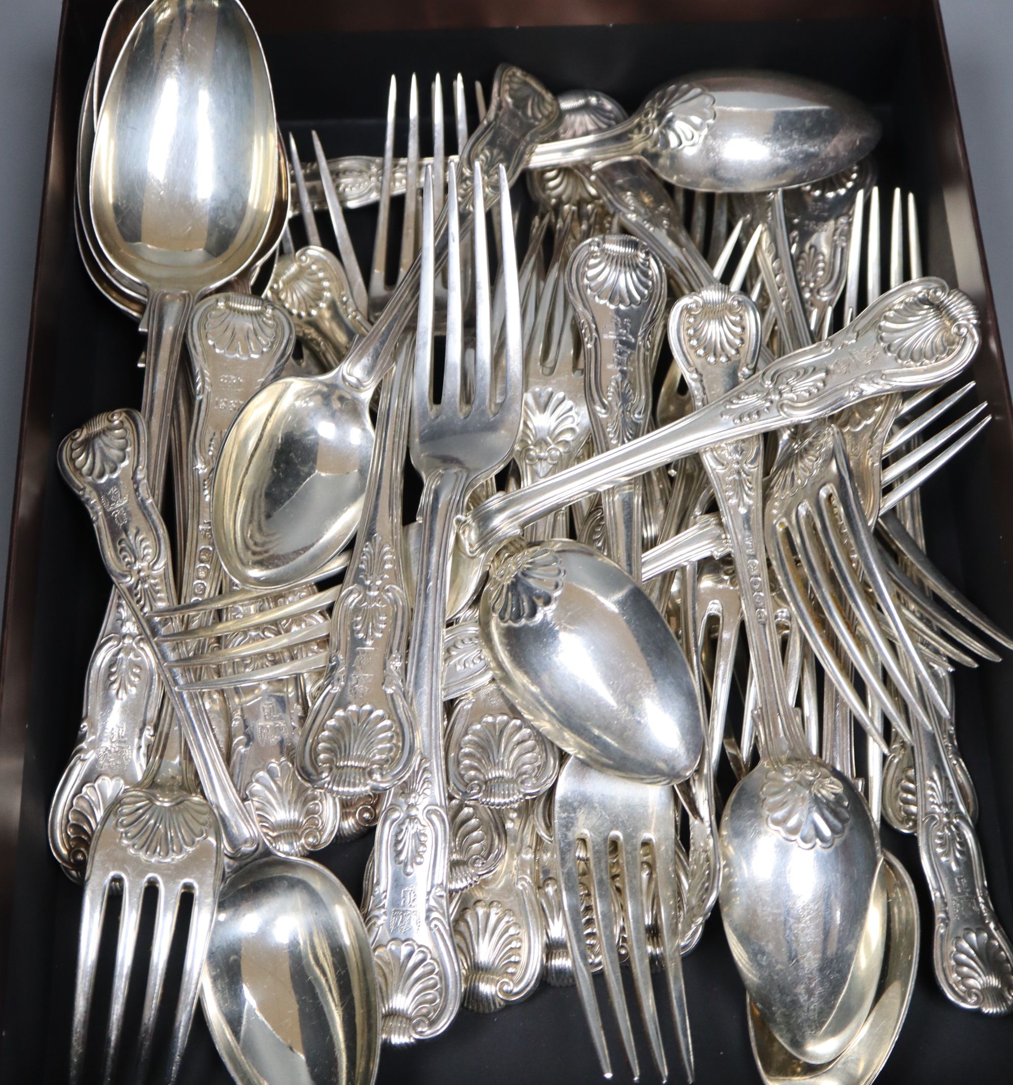A matched part canteen of 19th century silver Kings pattern flatware